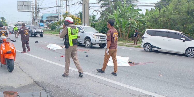 จยย.ตัดหน้ารถพ่วงถูกทับเละ 2 ศพ