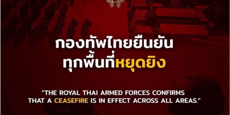 ทบ. ประณาม กัมพูชา ละเมิดข้อตกลงหยุดยิง ‘อย่างจงใจ’ เจตนาทำลายระบบความไว้เนื้อเชื่อใจระหว่างกัน ฝ่ายไทยจำเป็นจะต้องใช้มาตราการโต้กลับอย่างเหมาะสม ภายใต้สิทธิอันชอบธรรมในการป้องกันตนเอง ยืนยันฝ่ายไทยไม่ได้ใช้กำลังทหารเพื่อรุกราน แต่เพื่อป้องกันการรุกล้ำและรักษาอธิปไตยของชาติ ภายใต้กฎกติกาสากล