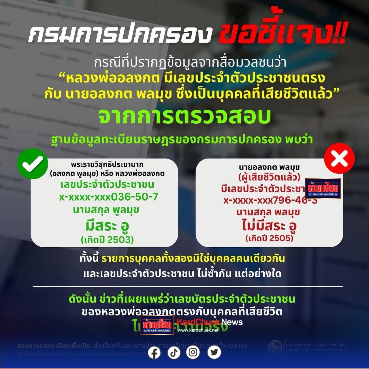 กรมการปกครอง ชี้แจง กรณีเลขบัตรประจำตัวประชาชนของหลวงพ่ออลงกต