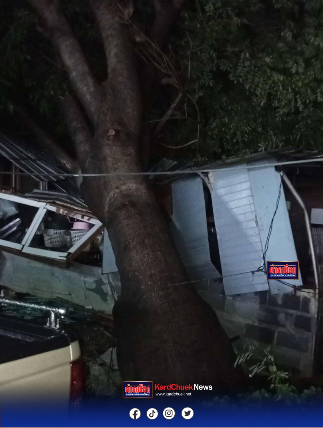 นนทบุรี ระทึก หนุ่ม 18 ปี วิ่งหนีตาย ต้นไม้สูง 5 เมตร ล้มทับเพิงพักเสียหายหนัก โชคดีรอดหวุดหวิด      