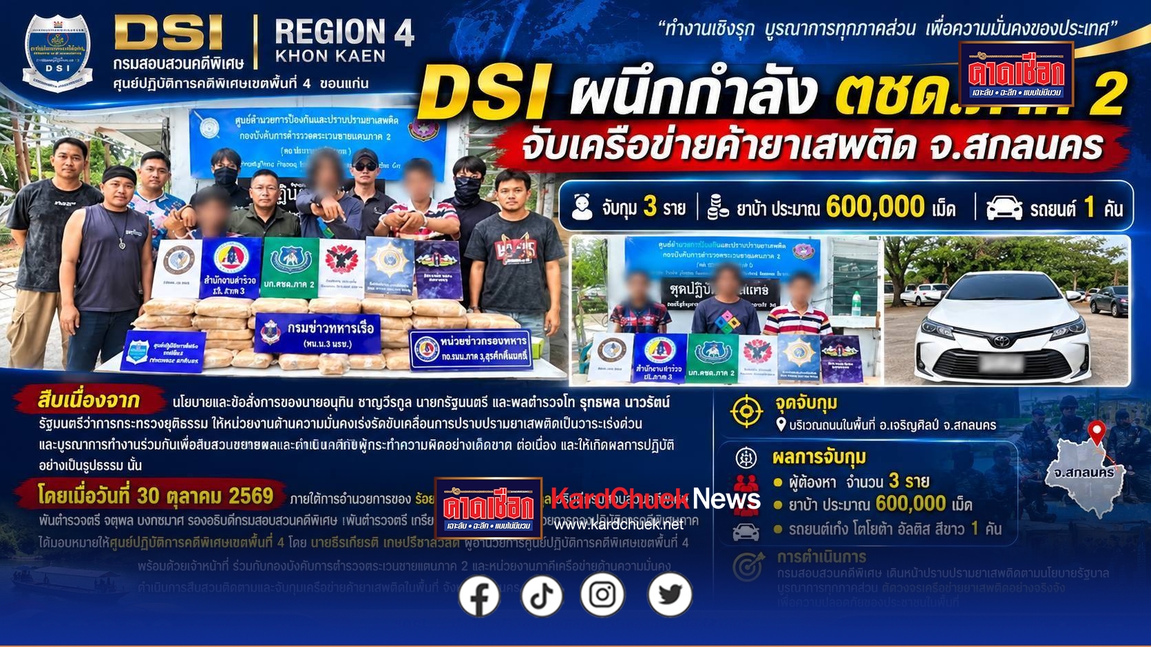 DSI ผนึกกำลัง ตชด.ภาค 2 จับแก๊งค้ายาสกลนคร ยึดยาบ้า กว่า 6 แสนเม็ด